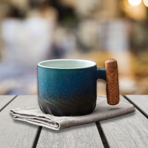 Handmade Retro Ceramic Coffee Cup: Unique Gradient Glaze Mug with Wooden Handle - Perfect Office Gift in 3 Colors