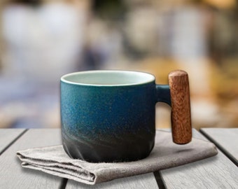 Handmade Retro Ceramic Coffee Cup: Unique Gradient Glaze Mug with Wooden Handle - Perfect Office Gift in 3 Colors
