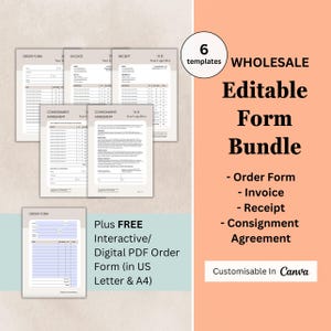 May include: A bundle of six printable, editable wholesale forms. The forms include an order form, invoice, receipt, and consignment agreement. The forms are customisable in Canva. Plus, a free interactive digital PDF order form in US Letter and A4 sizes is included.