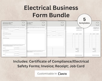 Electrical Business Form Bundle - Editable Canva Template Certificate of Compliance & Electrical Safety Forms Invoice, Receipt and Job Card