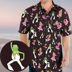 Hawaiiaans shirt The Muppet Show, shirt disco stel Kermit en Piggy Aloha, shirt met cartoonknoop jaren 80, shirt Kermit Beach, shirt Piggy