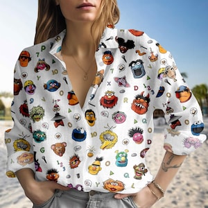 The Muppet Show Blouse Shirt, Muppet Characters Button Down Blouse, Kermit Miss Piggy Fozzie Linen-look Shirt, Muppets Lovers Outfit