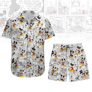 May include: A matching set of a short-sleeved button-down shirt and shorts. The set features a repeating pattern of Mickey Mouse cartoon images in black, red, yellow, and white. The shirt has a collar and buttons. The shorts have a drawstring.