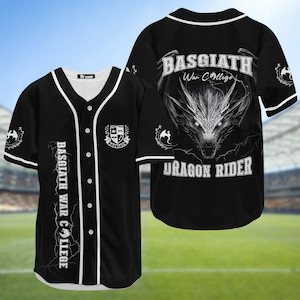 May include: Black baseball jersey with white trim and buttons. The jersey features the text "BASGIATH WAR COLLEGE" vertically down the front and a dragon graphic on the back, along with the words "DRAGON RIDER". A crest is on the chest.
