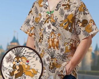 Chemise hawaïenne Chip and Dale, chemise boutonnée dessin animé, jolie chemise boutonnée écureuil, chemise de vacances amusantes, cadeau d'anniversaire