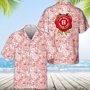 May include: White button-up shirt with a red and white pattern. The pattern includes skulls, playing cards, and the Jim Beam logo with the text "Jim Beam Since 1795".