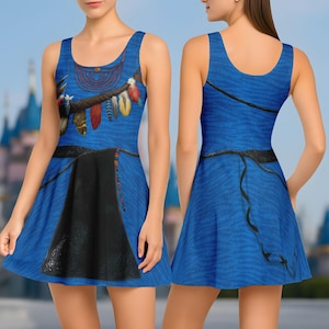 May include: A sleeveless blue dress with a Native American-inspired design. The dress features a decorative branch with feathers and beads, a black belt, and a black skirt-like panel. The back of the dress has a similar design with a rope-like detail.