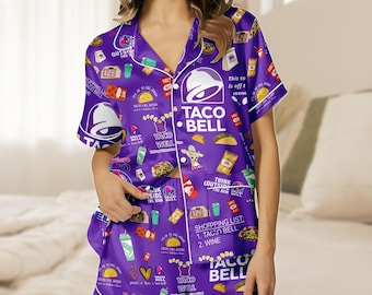 Pijama corto de satén de Taco Bell, conjunto de ropa de dormir de comida rápida para mujer, conjunto sedoso para estar en casa, pantalones cortos de pijama de comida, regalos para fans de Taco Bell