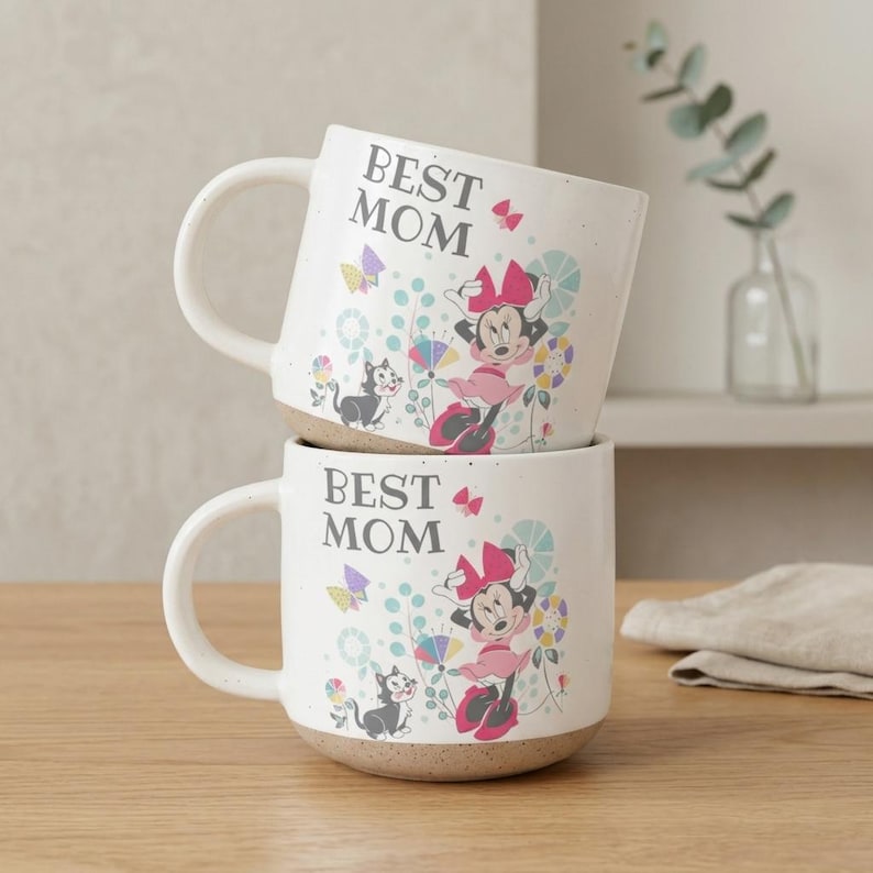 Best Mom Pottery Mug, Minnie Mouse Ceramic Mug Gift for Mom, Disney Floral Coffee Mug for Mother's Day, Minnie Mouse Mug For Mom