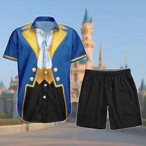 May include: A blue, yellow, and black button-up shirt and black shorts set. The shirt features a design inspired by a character's attire, with gold accents and a white ascot. The shorts are solid black.