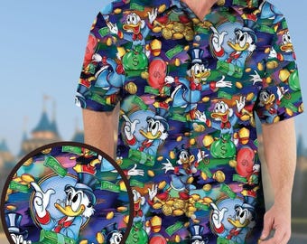 Chemise hawaïenne Scrooge McDuck, chemise boutonnée dessin animé, chemise boutonnée argent canard, chemise vacances Disney, cadeau amusant