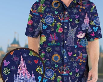 Chemise hawaïenne Disney Main Street Parade, chemise boutonnée Disney Night, chemise boutonnée magique parade, chemise vacances Disney, gif vacances