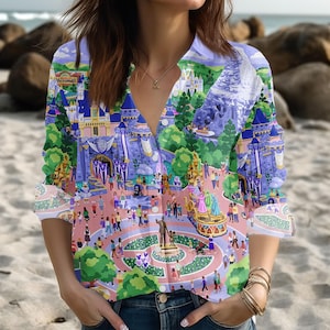 Disney Castle Blouse Shirt, Fantasy Park Blouse Shirt, Magic Theme Button Down Blouse, Vacation Shirt, Holiday Gift
