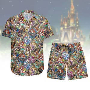 May include: A matching short-sleeved shirt and shorts set. The set features a colourful stained-glass design with various princess characters. The shirt has a classic collar and button closure. The shorts have a drawstring waist.