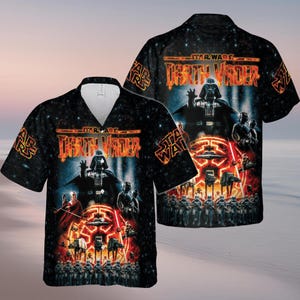 May include: Black short-sleeved button-up shirt featuring a Star Wars Death Vader graphic. The design includes Darth Vader, stormtroopers, and other characters. The shirt has a V-neck collar and a galaxy-themed background.