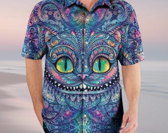 Chemise hawaïenne chat du Cheshire, chemise de vacances Alice au pays des merveilles, chemise boutonnée chat du Cheshire, chemise de plage Disney, chemise boutonnée pays des merveilles
