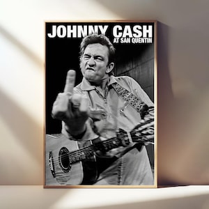 Johnny Cash, verzamelobjecten muziekfan, middelvinger, vintage fotoprint, muurdecoratie muziek, posters cadeaus, canvas poster