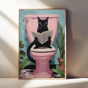 Bathroom Cat Print, Funny Poster, Wall Decor, Pooping Print, Pink Toilet, Black Cat Wall Art, Canvas Poster