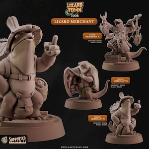 Peut inclure: Plusieurs figurines de marchands lézards en résine marron. Les figurines sont dans diverses poses, dont une qui pointe, une qui tient du poisson et une autre avec un bouclier. Le texte "Lizard Town 1008" et "Lizard Merchant" sont affichés.