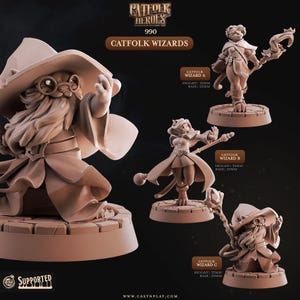 Puede incluir: Una colección de figuras de Catfolk Wizard en varias poses. Las figuras son de un color neutro, con detalles como sombreros, túnicas y bastones. La imagen incluye el texto "CATFOLK HEROES 990 CATFOLK WIZARDS". La altura de las figuras varía de 32 mm a 35 mm.