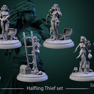 Peut inclure: Ensemble de figurines en résine non peintes représentant un voleur Halfelin. Les figurines sont présentées avec un coffre au trésor, une échelle et des armes. Le texte "Halfling Thief set" et "Small but sharp" est visible.