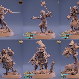 Op de afbeelding: Zes gedetailleerde miniatuurfiguurtjes van goblins, elk met unieke wapens en bepantsering. De goblins staan in verschillende vechtposities, klaar voor de strijd. De miniaturen zijn gemaakt van lichtbruin plastic en zijn ongeveer 5 cm hoog.
