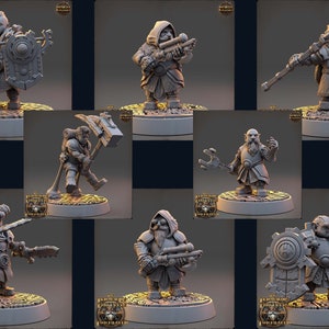 Peut inclure: Plusieurs figurines miniatures de nains fantastiques, chacune avec des armes et armures distinctes. Les figurines sont dans des poses dynamiques, maniant des épées, des boucliers et d'autres outils. Les socles sont circulaires avec un design détaillé.