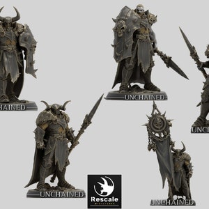 May include: Five miniature figures of warriors in black armor with gold accents. Each figure is holding a weapon and shield. The figures are standing on bases with the word "UNCHAINED" printed on them.