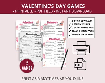 2 juegos imprimibles para el día de San Valentín, actividad para el día de San Valentín, juegos para fiestas de San Valentín, combinación de canciones de amor, juegos imprimibles, combinación de películas,