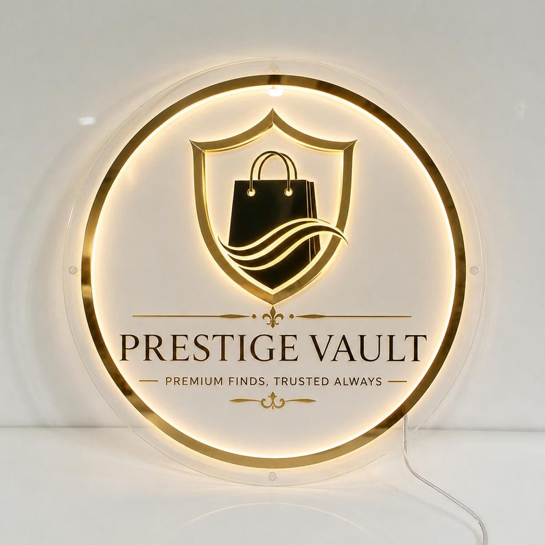 May include: A round, illuminated sign with a gold border and a white interior. The sign features a gold shield with a shopping bag icon and the words "PRESTIGE VAULT" in gold lettering. The text "PREMIUM FINDS, TRUSTED ALWAYS" is also displayed.