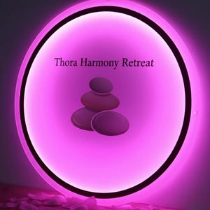 Puede incluir: Un letrero redondo e iluminado con un brillo rosa. El letrero muestra el texto "Thora Harmony Retreat" y un gr&aacute;fico de piedras apiladas. El borde exterior es negro y el fondo es de color rosa suave.
