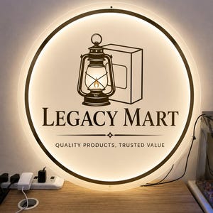 May include: A round, illuminated sign with the text "LEGACY MART" and the tagline "QUALITY PRODUCTS, TRUSTED VALUE." The sign features a graphic of an oil lamp and a box. The sign is lit with a warm, inviting glow.