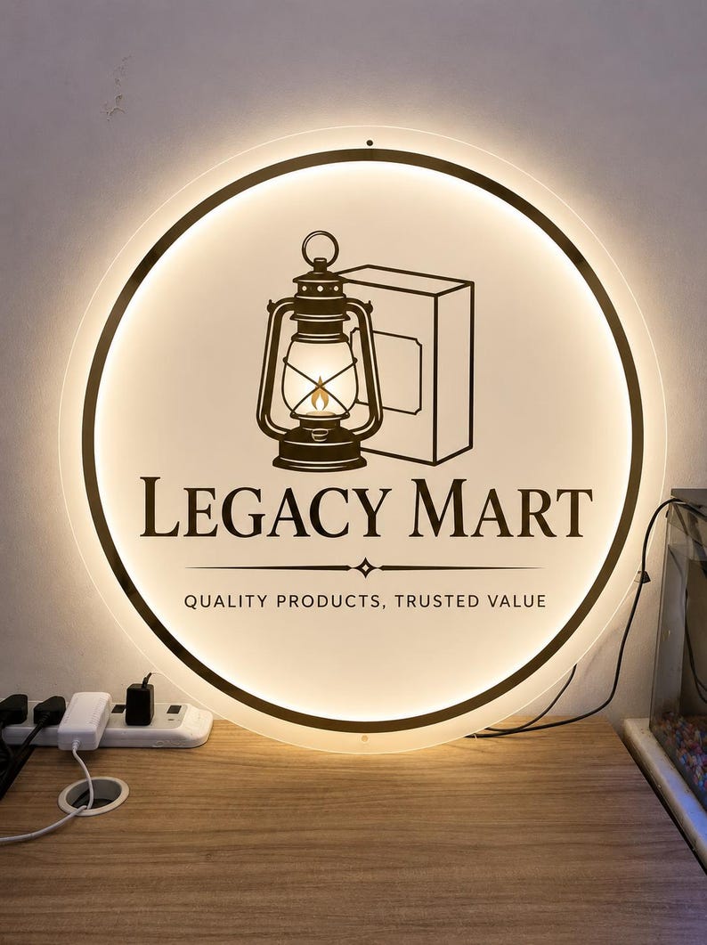 May include: A round, illuminated sign with the text "LEGACY MART" and the tagline "QUALITY PRODUCTS, TRUSTED VALUE." The sign features a graphic of an oil lamp and a box. The sign is lit with a warm, inviting glow.