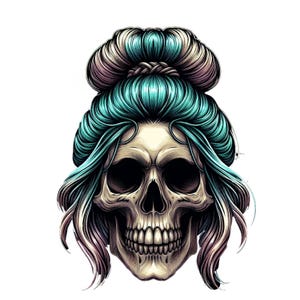 Messy Bun Girl Skull Svg & PNG Files, Mom Bun Hair face Clipart Silueta Imagen vectorial, Esqueleto SVG Diseño de camiseta, Descarga digital
