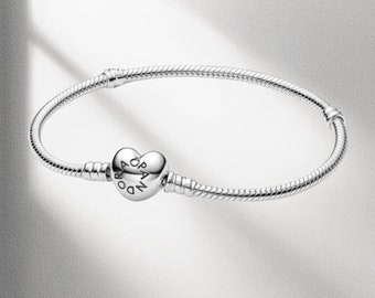 Pulsera de cadena de serpiente con cierre de corazón, pulsera Pandora, pulsera minimalista de plata de ley S925, pulsera de encanto diario de Pandora, regalo para ella