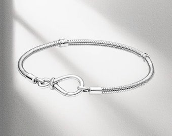 S925 Sterling Silver Pandora Everyday Minimalist Charm Bracelet - Moments Infinity Knot Snake Chain, Gift for Her