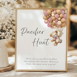 Bearly Wait Pacifier Hunt Game Sign, Pink Girl Teddy Bear Balloon Baby Shower Game Sign, We Can Bearly Wait Active, Printable, BWG