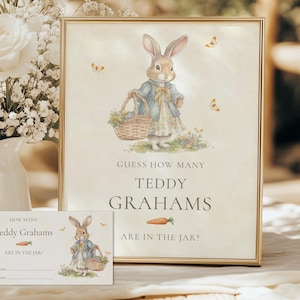 May include: A printable game card with a bunny rabbit illustration and the text "Guess how many Teddy Grahams are in the jar?"  The card is decorated with butterflies and a carrot.