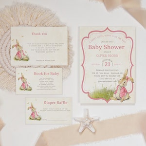 Peter Rabbit Vintage Babypartyeinladungsset, Mädchen thematisch, bearbeitbare Vorlage, PRV