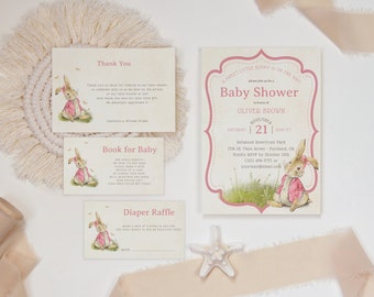 Peter Rabbit Vintage Baby Shower Invitation Set, Girls Themed, Editable Template, PRV