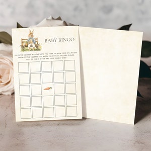 Vintage Peter Rabbit Baby Bingo, Script Baby Shower Juego, Bingo de ducha imprimible, Tarjetas de bingo para bebés, PRVG