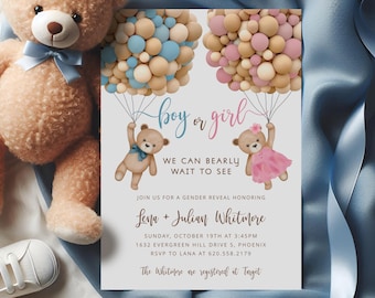Editable Teddy Bear Gender Reveal Invitation, Boy or Girl Bearly Wait Invite, Pink Blue Balloon Reveal Template, GR1