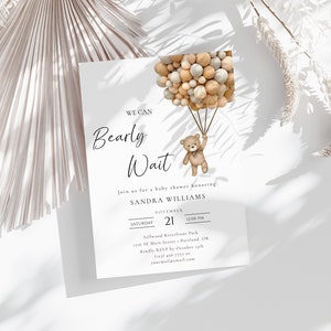 We Can Bearly Wait Baby Shower Invitation, Teddy Bear Balloon Invite, Neutral Bear Baby Shower Invite, Editable Template, WCBW image 2