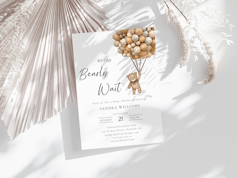 We Can Bearly Wait Baby Shower Invitation, Teddy Bear Balloon Invite, Neutral Bear Baby Shower Invite, Editable Template, WCBW image 2