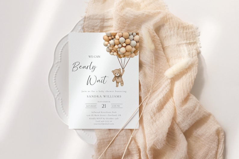 We Can Bearly Wait Baby Shower Invitation, Teddy Bear Balloon Invite, Neutral Bear Baby Shower Invite, Editable Template, WCBW image 3