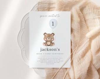 Editable Balloon Bear Birthday Invitation, Teddy Bear Neutral Invite Beary First Birthday Minimalist Invite Printable Template