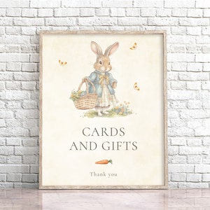Cartões e presentes para chá de bebê Peter Rabbit Girl, placa para mesa de presente vintage, placa para chá de bebê imprimível, GPR