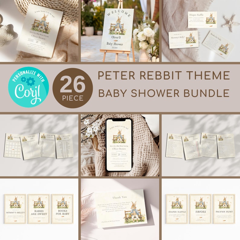 Puede incluir: Un paquete de baby shower con tem&aacute;tica de Peter Rabbit con 26 piezas. El paquete incluye invitaciones, juegos, decoraciones y tarjetas de agradecimiento. El dise&ntilde;o presenta a Peter Rabbit sentado en un banco con una cesta de flores.