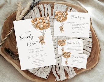 Paquete de invitaciones para baby shower "Bearly Wait", set de globos y ositos de peluche para baby shower, paquete de baby shower con ositos neutros, plantilla editable, WCBW