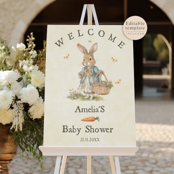 Editable Peter Rabbit Welcome Sign Girl Baby Shower, Bunny Entrance Sign, Decor Sign, Girl Welcome Sign, Printable Sign Template Corjl, PRV